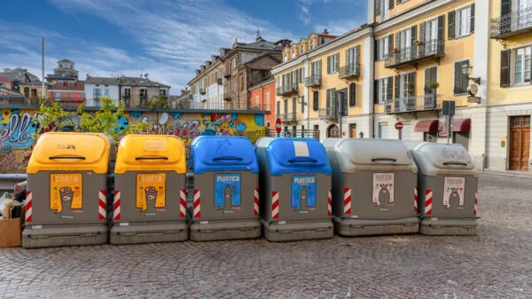 Fila di bidoni per la raccolta differenziata