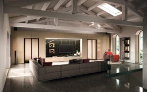 soggiorno con tetto sorretto da capriate