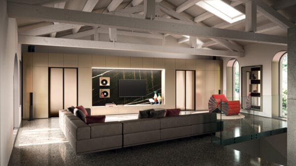 soggiorno con tetto sorretto da capriate