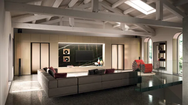 soggiorno con tetto sorretto da capriate