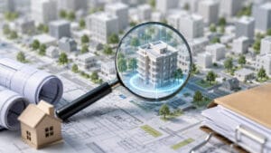 Modello di edificio evidenziato su mappa urbanistica con lente di ingrandimento, simbolo del codice ecografico comunale