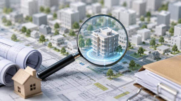 Modello di edificio evidenziato su mappa urbanistica con lente di ingrandimento, simbolo del codice ecografico comunale