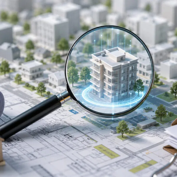 Modello di edificio evidenziato su mappa urbanistica con lente di ingrandimento, simbolo del codice ecografico comunale