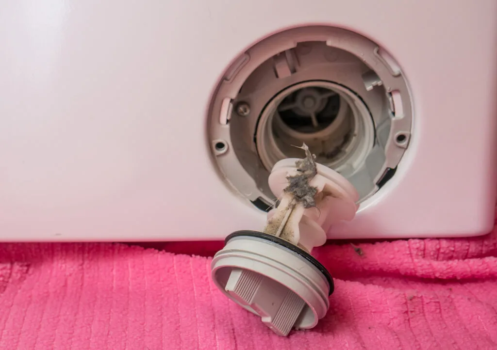 Primo piano della pulizia del filtro della lavatrice, con lo sporco chiaramente visibile
