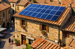 tetto di edificio in centro storico con pannelli fotovoltaici