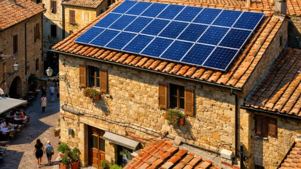 tetto di edificio in centro storico con pannelli fotovoltaici