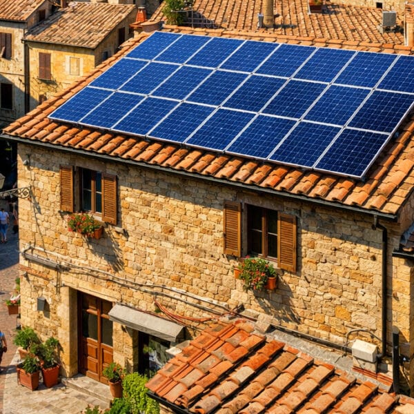 tetto di edificio in centro storico con pannelli fotovoltaici