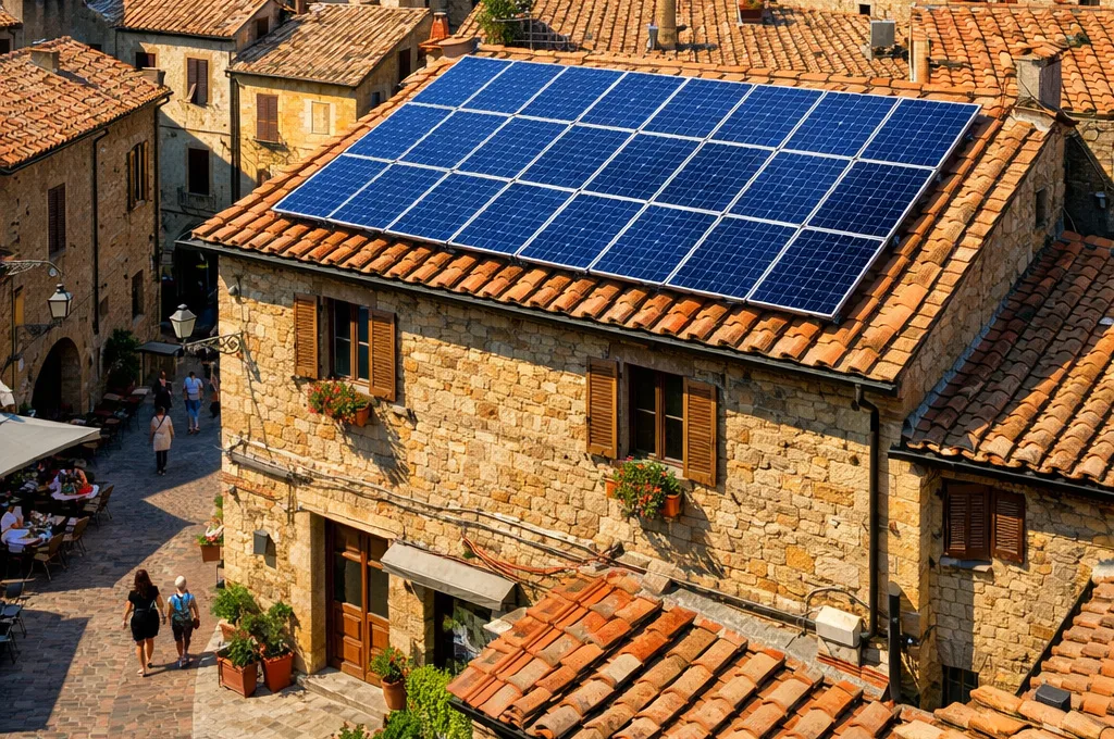 tetto di edificio in centro storico con pannelli fotovoltaici