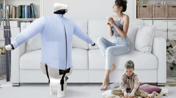 donna seduta sul divano con bambino che gioca e manichino stira-camicie