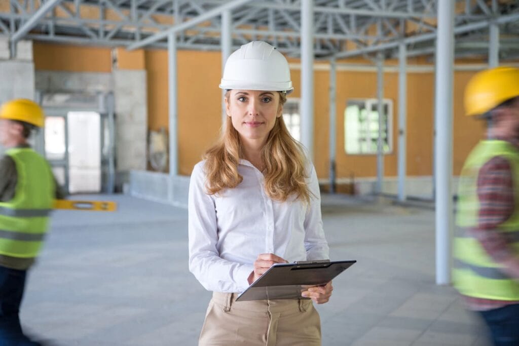 donna in cantiere che prende appunti