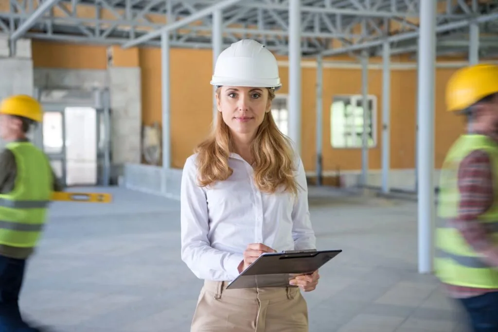 donna in cantiere che prende appunti