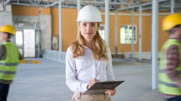 donna in cantiere che prende appunti