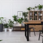 Interno di accogliente sala da pranzo con piante d'appartamento