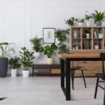 Interno di accogliente sala da pranzo con piante d'appartamento