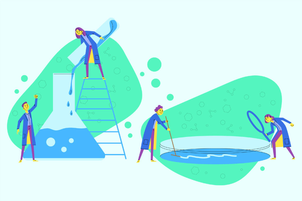 Illustrazione sulla manutenzione della piscina e sull’uso di prodotti chimici per il trattamento dell’acqua