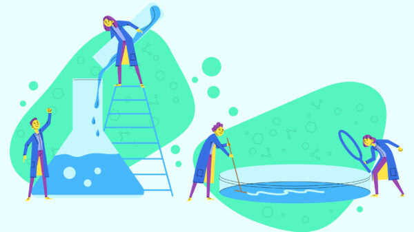 Illustrazione sulla manutenzione della piscina e sull’uso di prodotti chimici per il trattamento dell’acqua