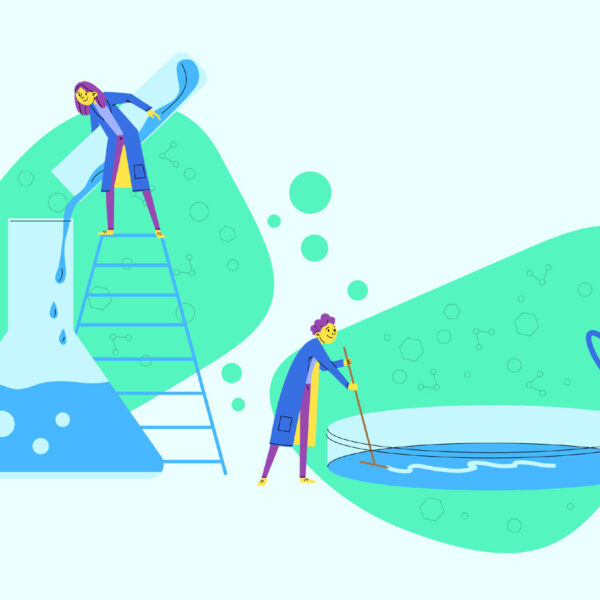 Illustrazione sulla manutenzione della piscina e sull’uso di prodotti chimici per il trattamento dell’acqua