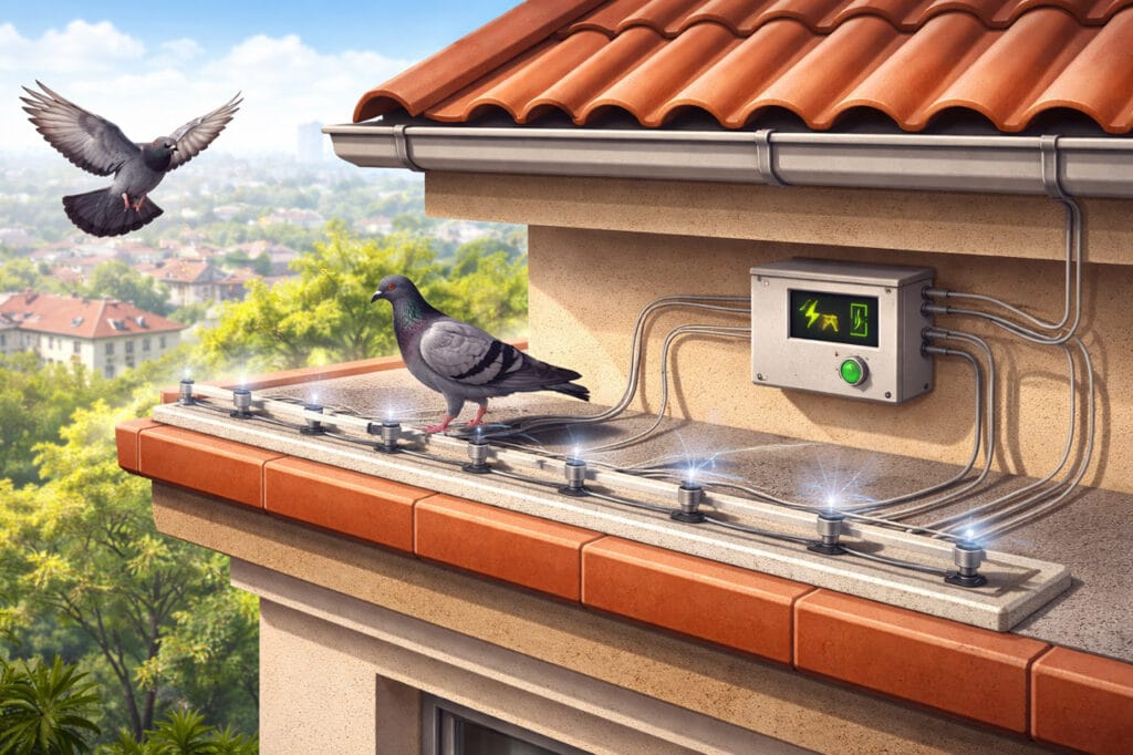 Piccioni su cornicione con sistema antipiccioni