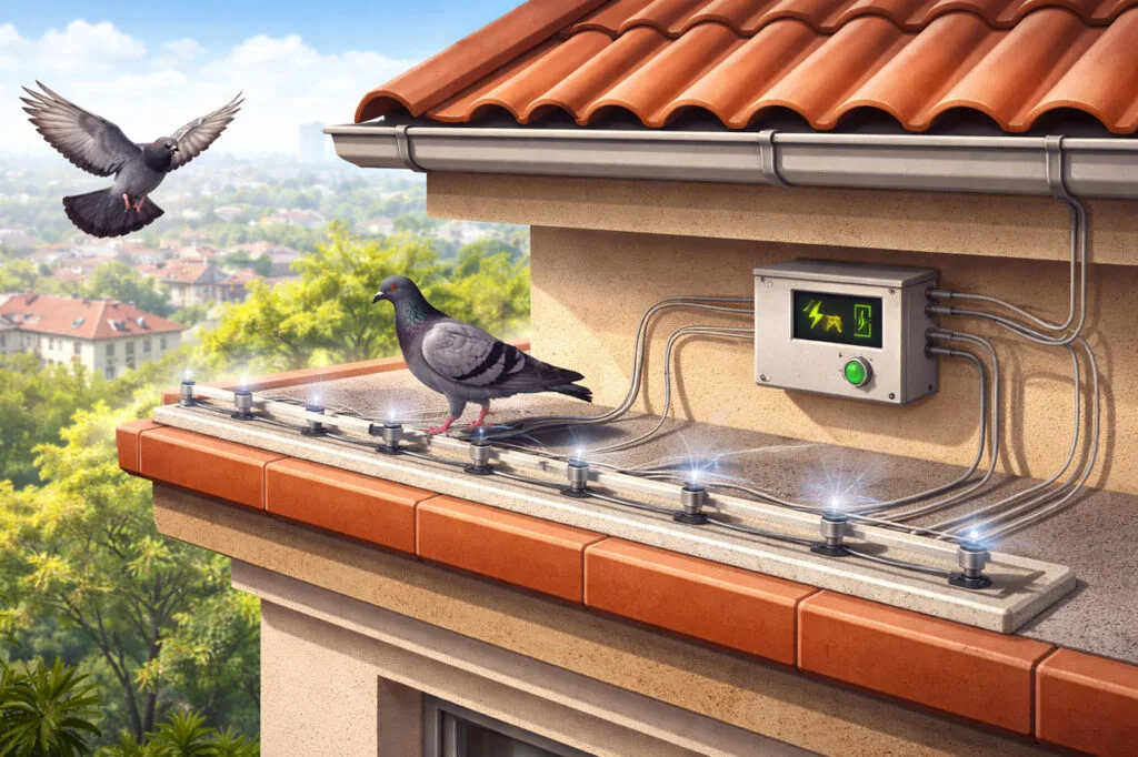 Piccioni su cornicione con sistema antipiccioni