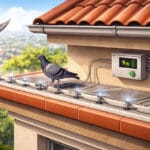 Piccioni su cornicione con sistema antipiccioni