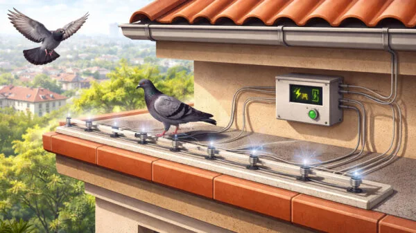 Piccioni su cornicione con sistema antipiccioni