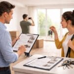 uomo che redige verbale e consegna chiavi a donna