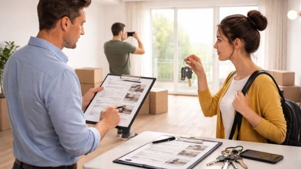 uomo che redige verbale e consegna chiavi a donna