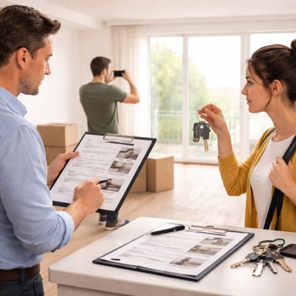 uomo che redige verbale e consegna chiavi a donna