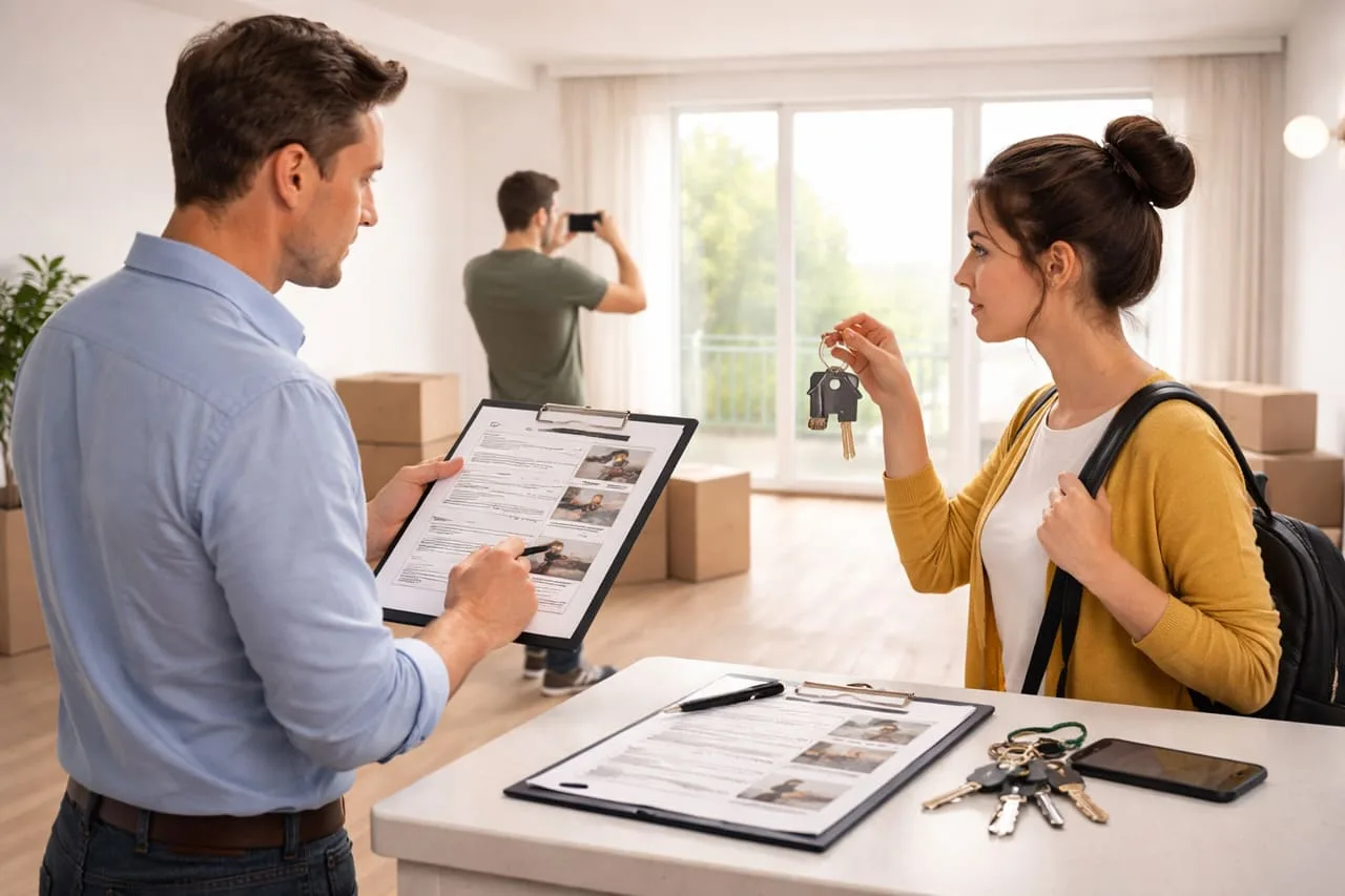 uomo che redige verbale e consegna chiavi a donna