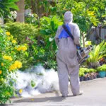 operaio che effettua disinfestazione di un giardino